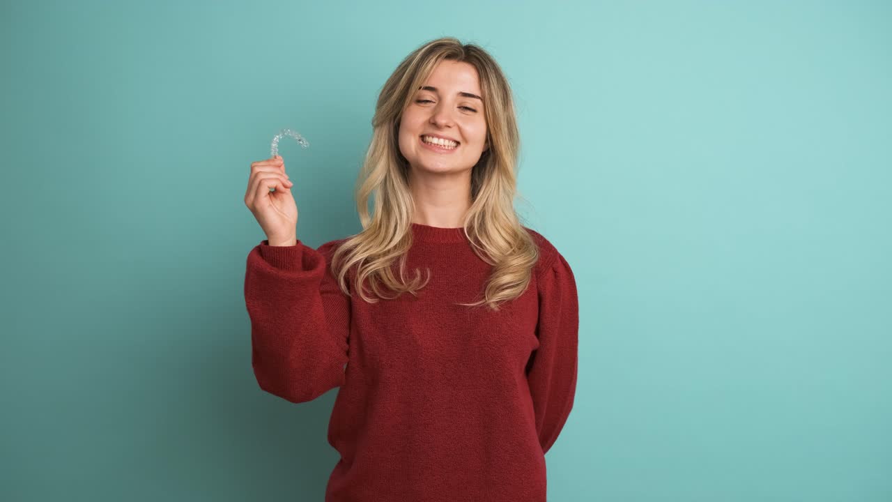 Happy young woman showing invisible braces in blue studio