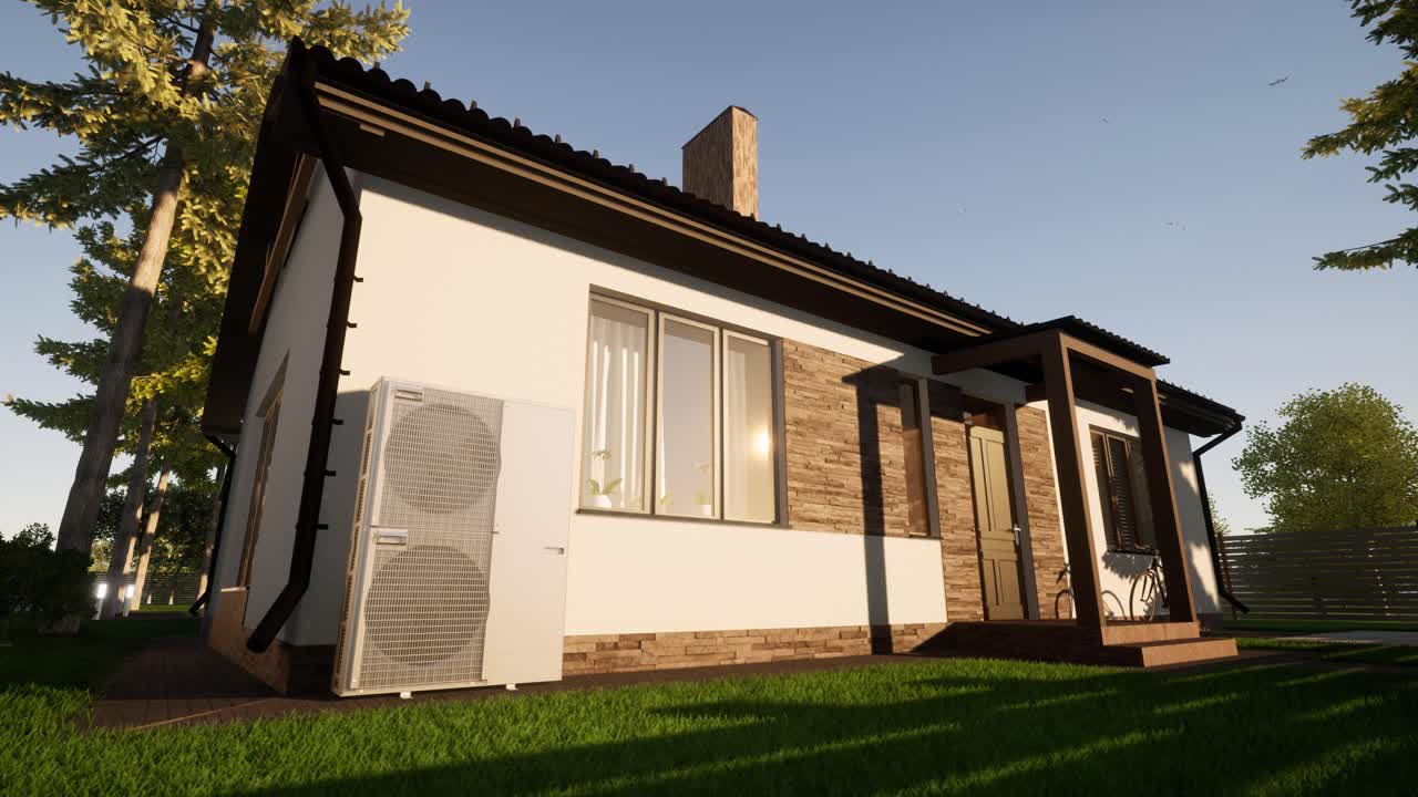técnico de hvac instala sistemas de calefacción, ventilación y aire acondicionado. animación en 3d de la bomba de calor