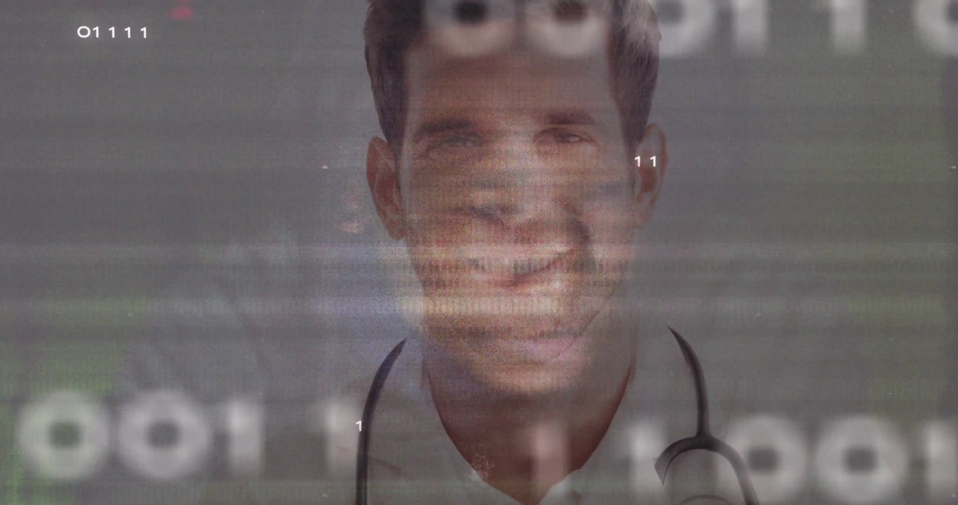 Glitch initiating data scan revealing doctor draping stethoscope smiling over circuit backdrop