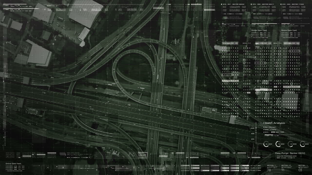 Futuristic HUD satellite view of traffic surveillance on a busy expressway junctions tracking and monitoring highway traffic for possible target vehicle
