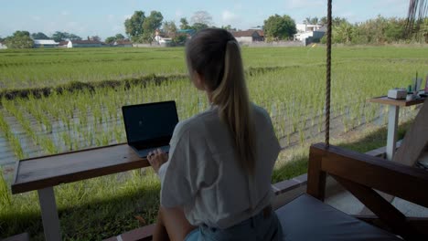 a young european girl in a blue dress remotely online working on laptop and looking into the screen on the backyard with green plants