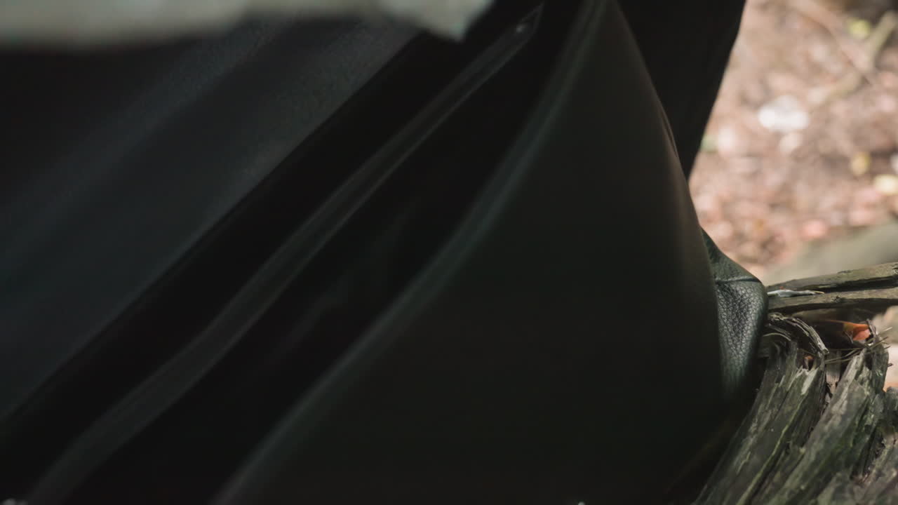 Close-up view of young ecologist in white shirt removing white coat from black bag resting on fallen tree in forest, surrounded by greenery and natural sunlight creating woodland atmosphere