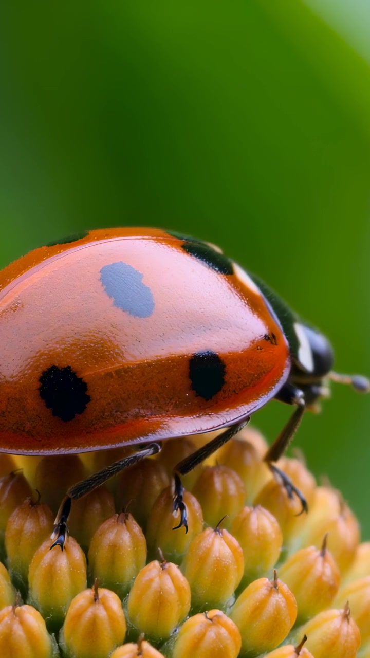 Vertical video: Antennae sensing bud, orange-red ladybug crawling across yellow buds seeking grip