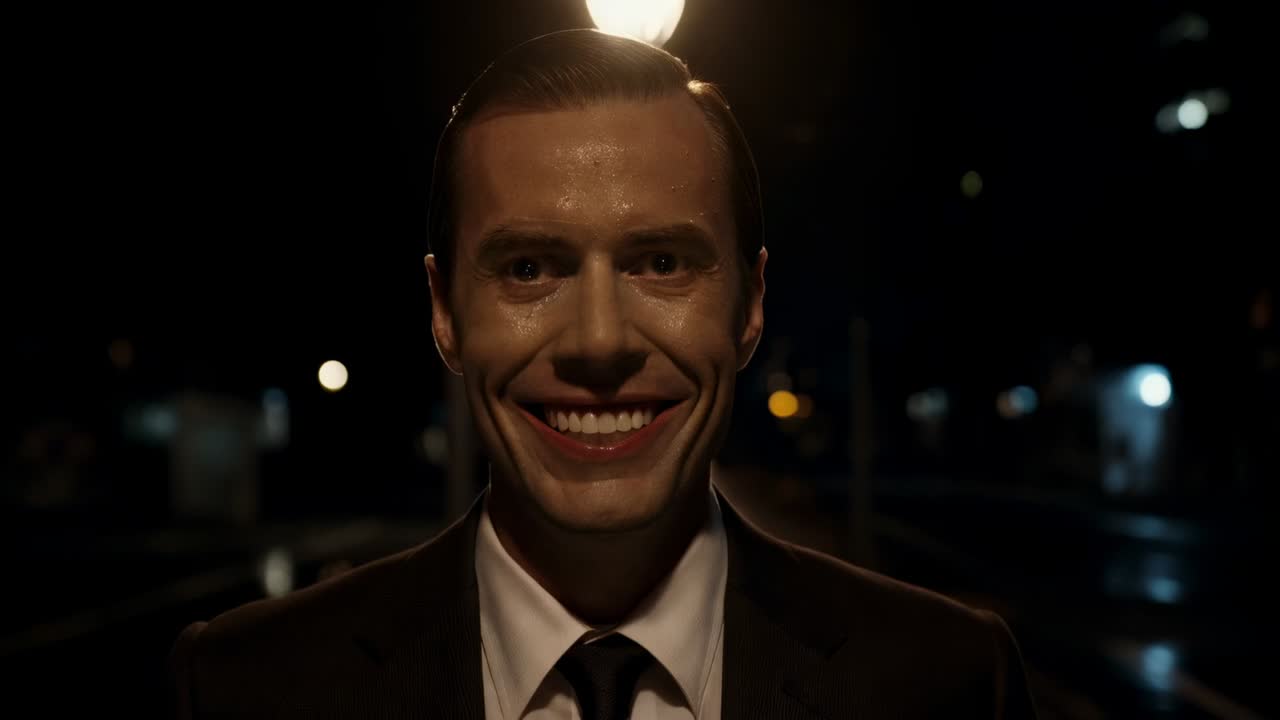 Hombre de pie con un traje oscuro sonriendo mientras las luces cambian y las lámparas se atenúan en una pasarela nocturna mojada