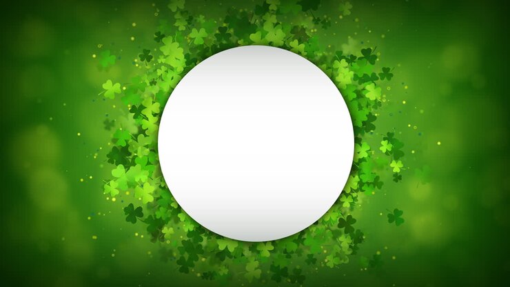 St Patrick's day background with green clover round frame on loop background. Looped animation with flying particles. Copy space.