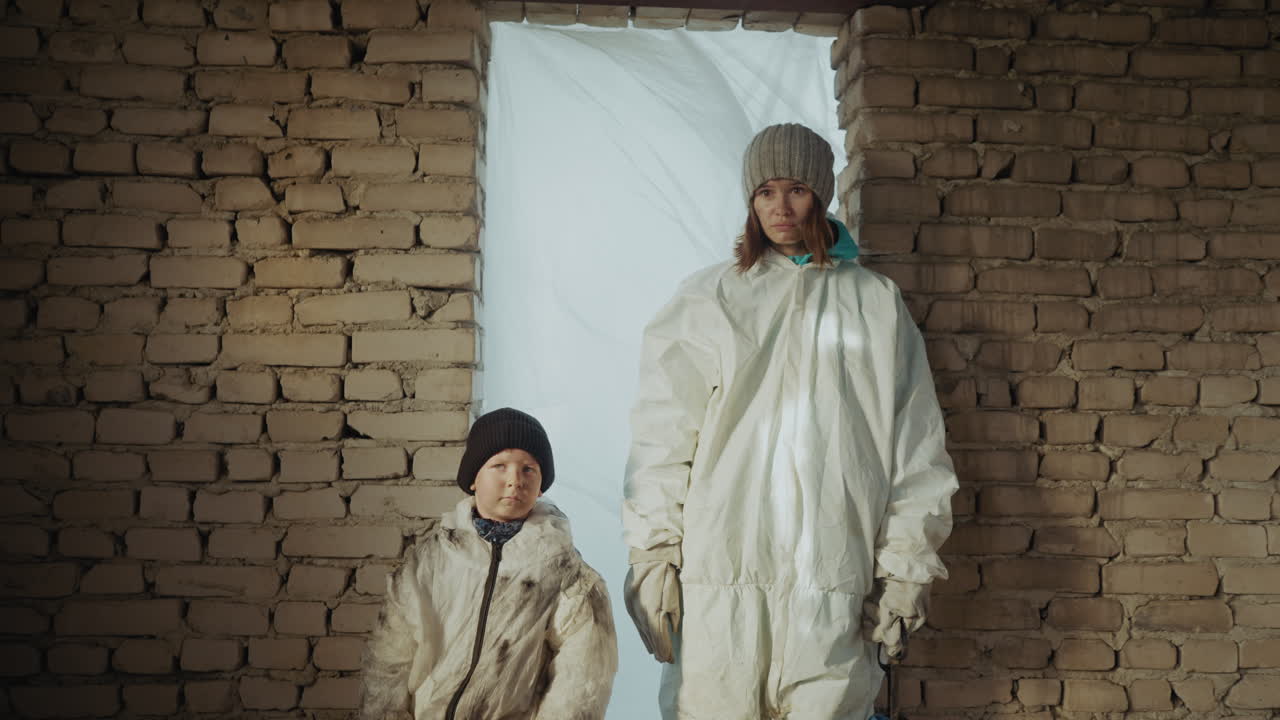 Nomad child stands beside adult scientist woman in protective clothing inside abandoned brick shelter, both wearing wool caps with somber expressions, postapocalyptic tension