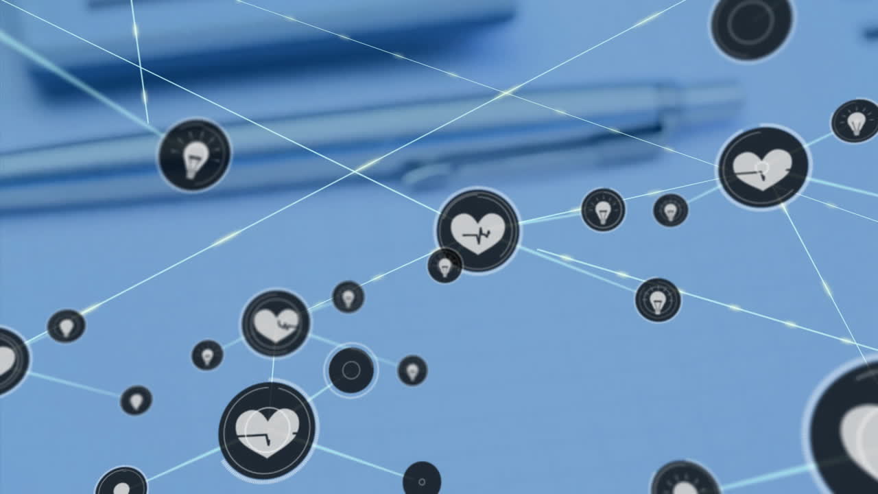 아이콘과 노트북을 가진 계산기와 연결 네트워크의 애니메이션