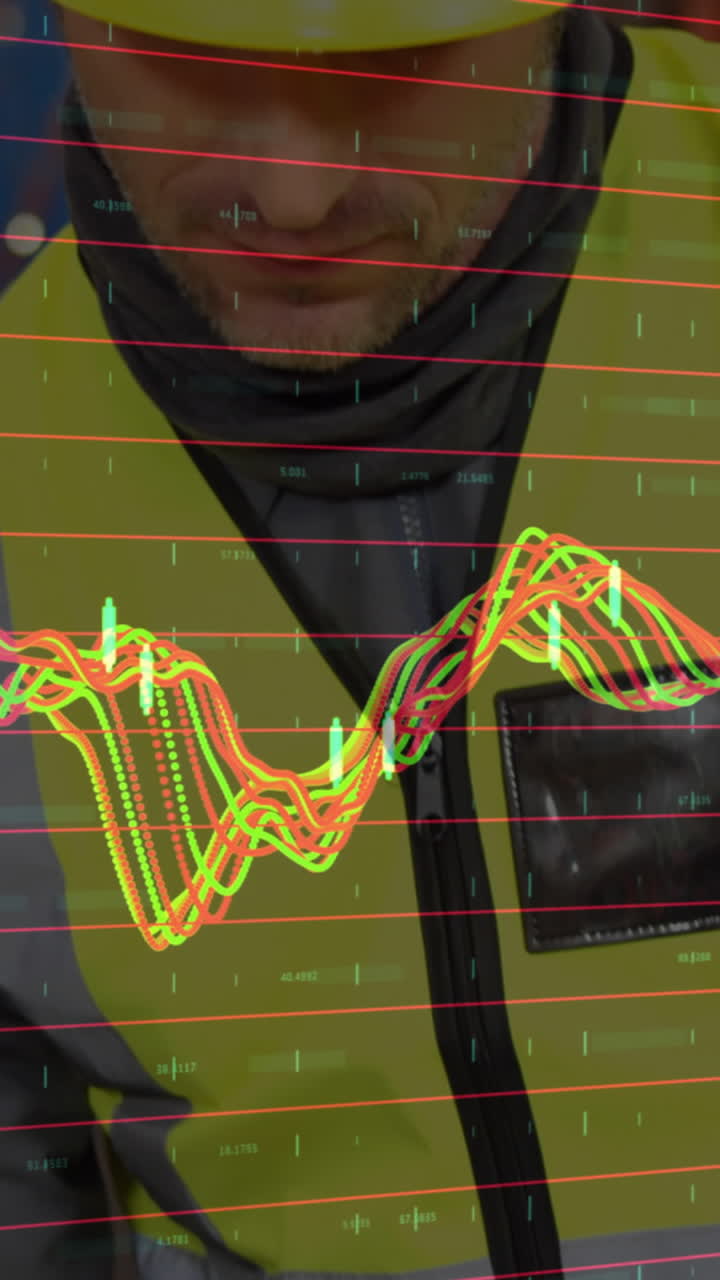 animación del procesamiento de datos financieros sobre un trabajador caucásico en un almacén