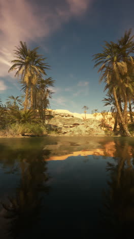 palm trees reflecting in water at sunset in a desert oasis