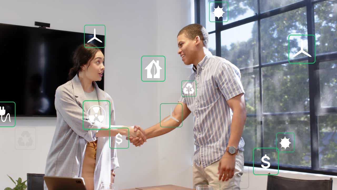 Man pushing chair, greeting woman, shaking hands, closing, energy icons floating between people
