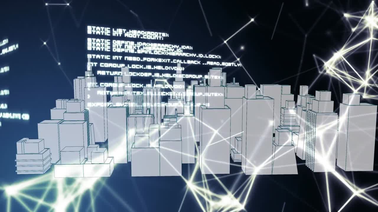 red de conexiones y procesamiento de datos contra el giro del modelo de ciudad 3d