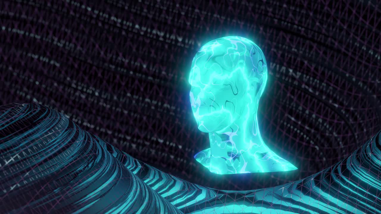 holograma de cabeza digital abstracto con un entorno de líneas fluidas