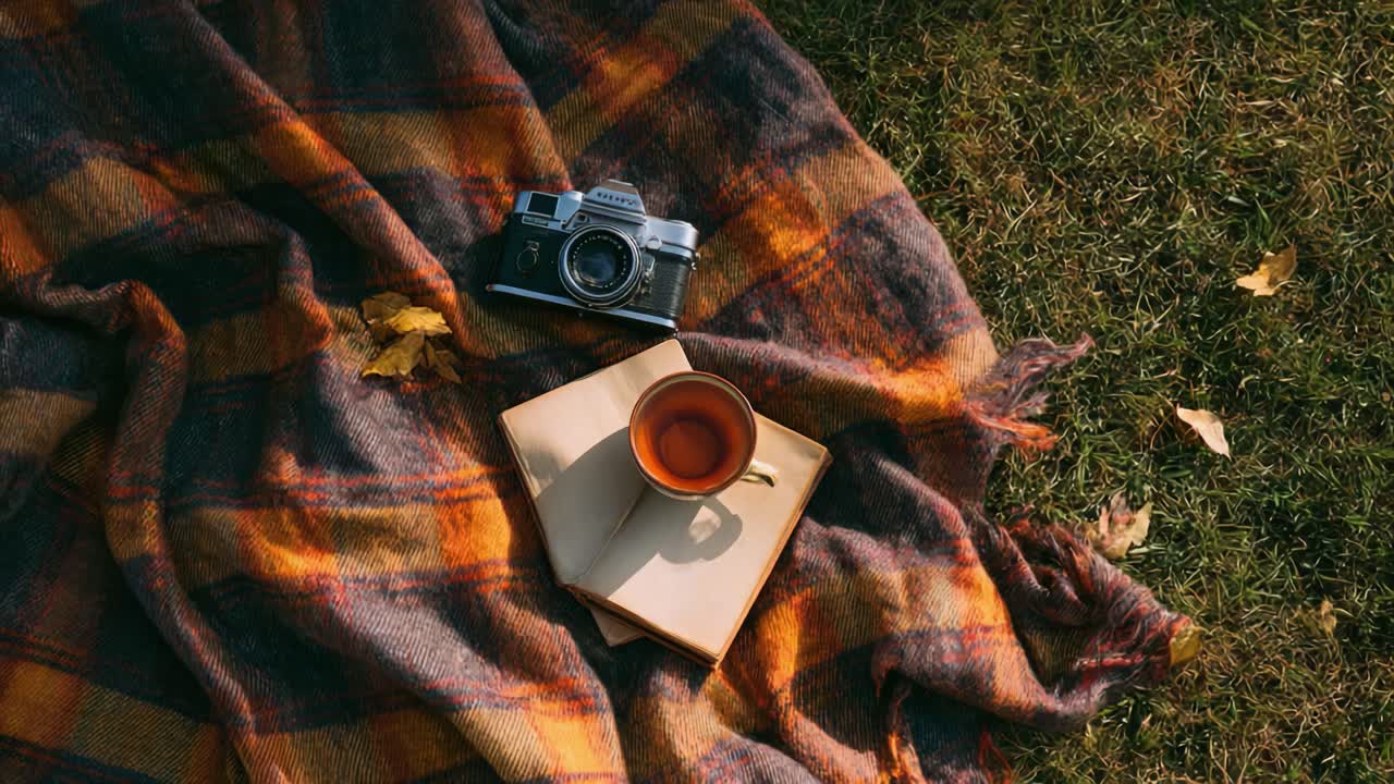 A Cozy Outdoor Scene Featuring a Vintage Camera, a Warm Cup of Tea, and a Book Laid on a Colorful Blanket Surrounded by Nature's Autumnal Beauty
