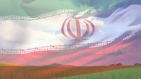 composición digital de ondear la bandera de irán contra la vista del paisaje del campo agrícola