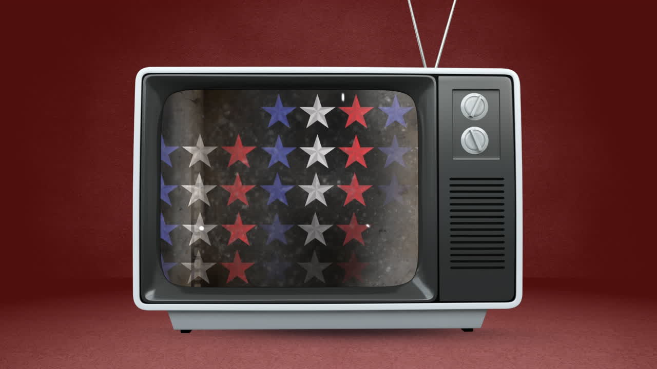 Animasjon av stjerner farget som det amerikanske flagget på TV på rød bakgrunn