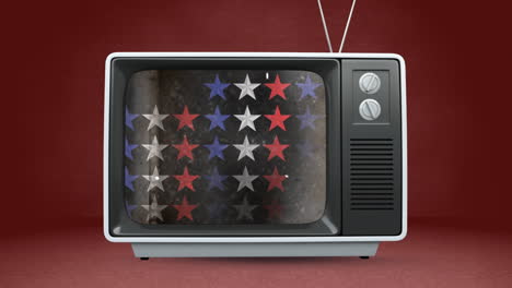 animation of stars coloured with american flag in tv on red background