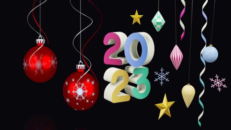 Animation-of-2023-text-and-christmas-decorations-in-background