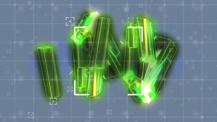 Animation of green crystals and white frames on black background
