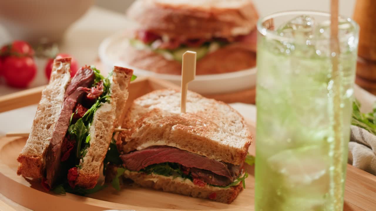 Beef Sandwiches and Iced Drink