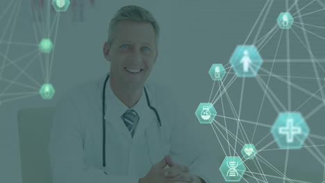 medical network and data processing animation over doctor in office