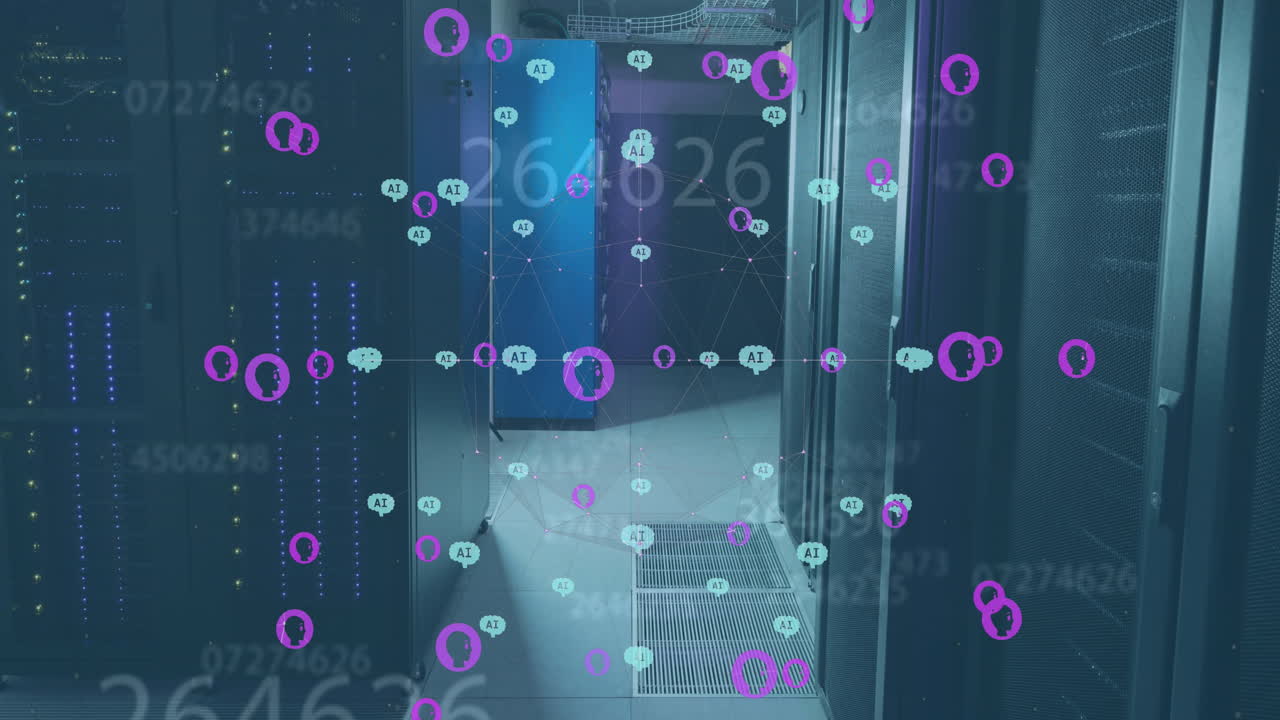 animación de un procesamiento de datos e iconos a través de servidores informáticos