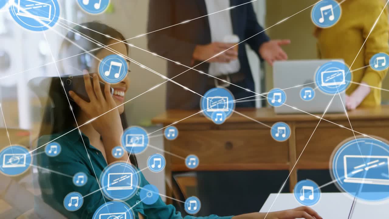 Talking on phone, woman working at desk with music and media icons animation