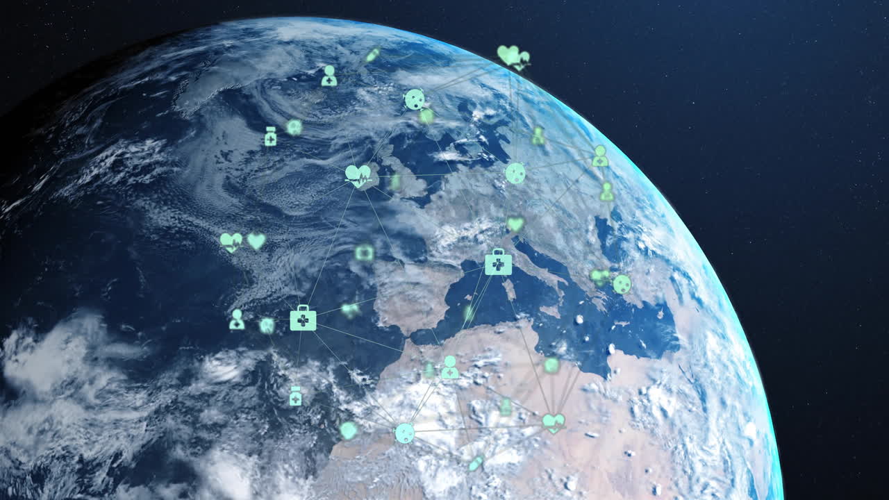 Animation of Earth from space with network of medical icons and connections