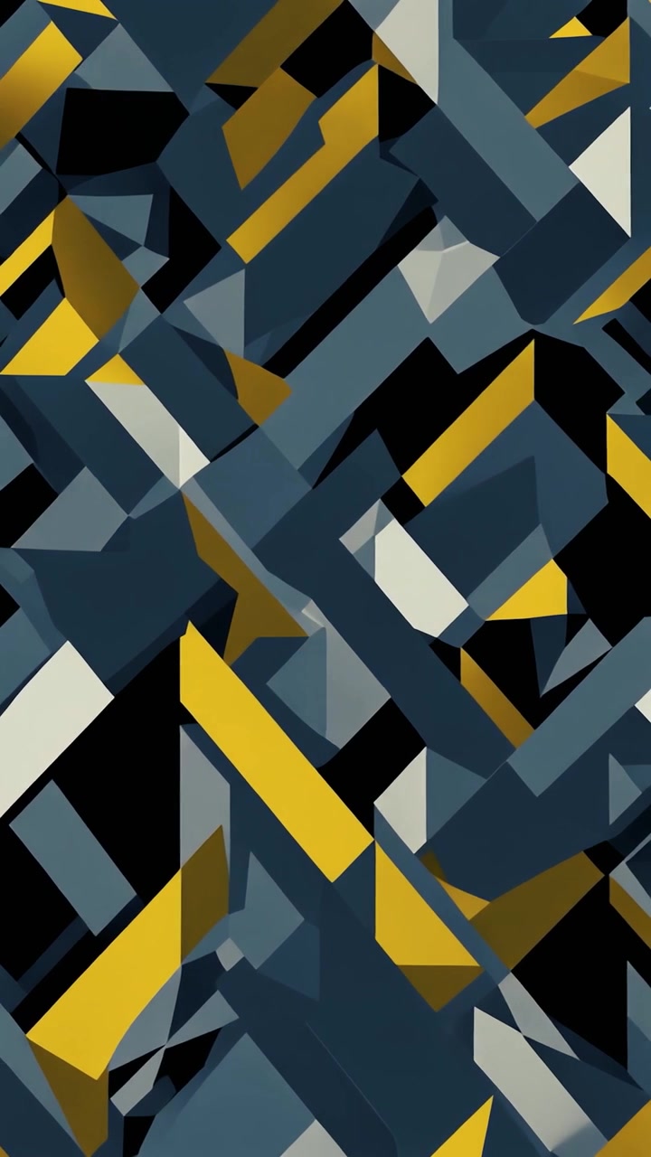 Animazione di pattern geometrico astratto con forme blu, gialle, nere e bianche in movimento