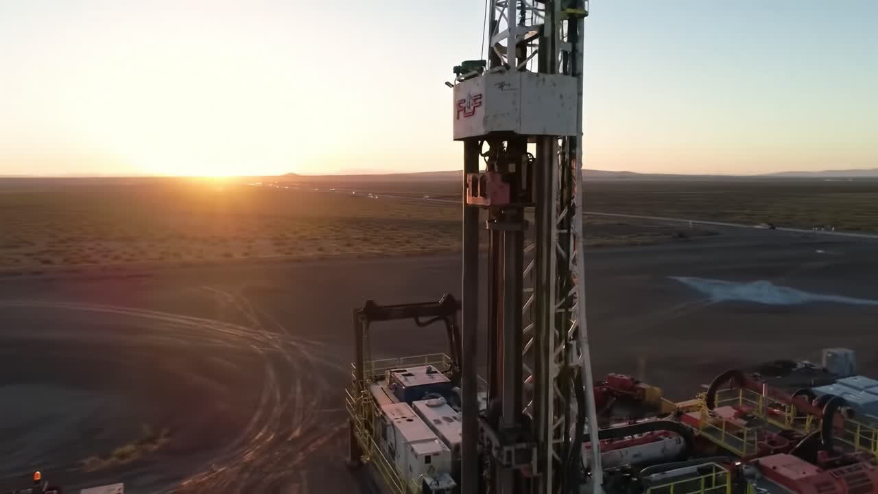 Aerial View of a Massive Drilling Rig at Sunset: Capturing the Industrial Majesty of Energy Extraction in a Remote Landscape