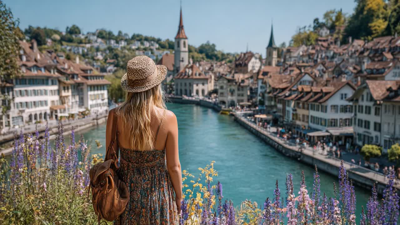 A Serene Sight: A Young Woman Overlooking a Picturesque River Town with Historic Architecture and Vibrant Flowers in the Foreground