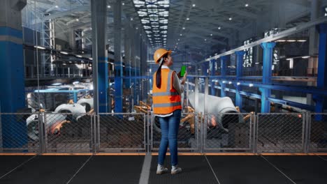 vista trasera completa del cuerpo de una ingeniera asiática con casco de seguridad de pie en una fábrica de fabricación de turbinas eólicas. zoom en la pantalla verde del teléfono inteligente y mirando a su alrededor mientras el brazo robótico trabaja