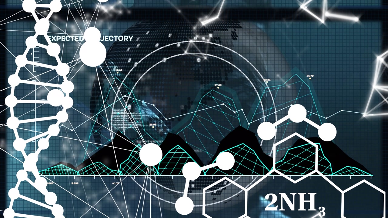 Animation of chemical formulas, dna, globe and data processing on black background