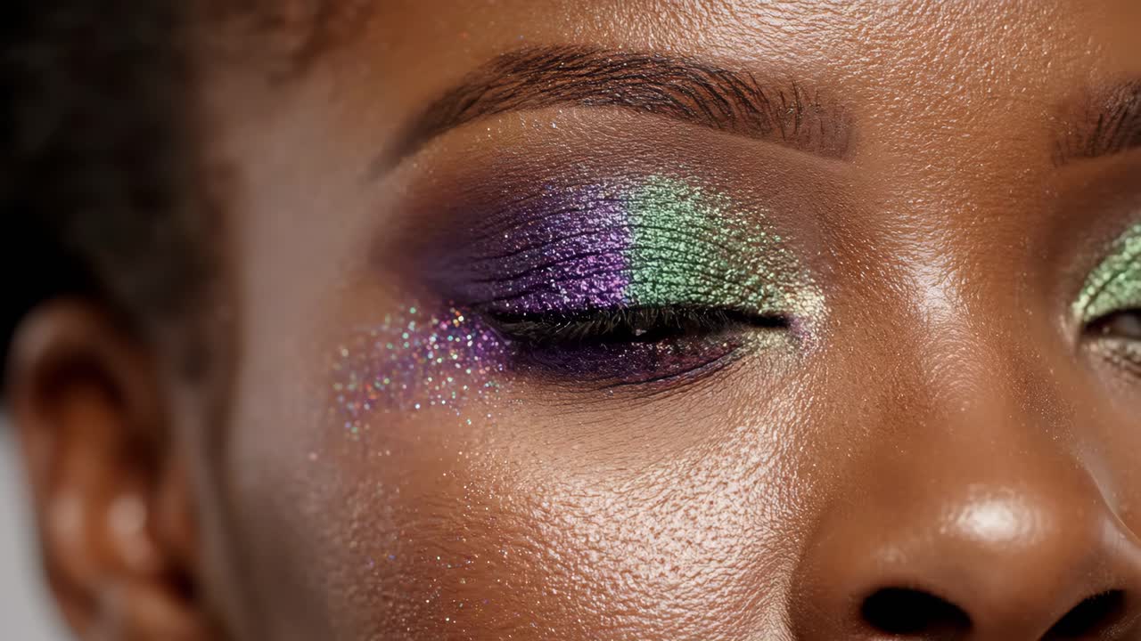 Close-up of a woman's face with glittery eye makeup
