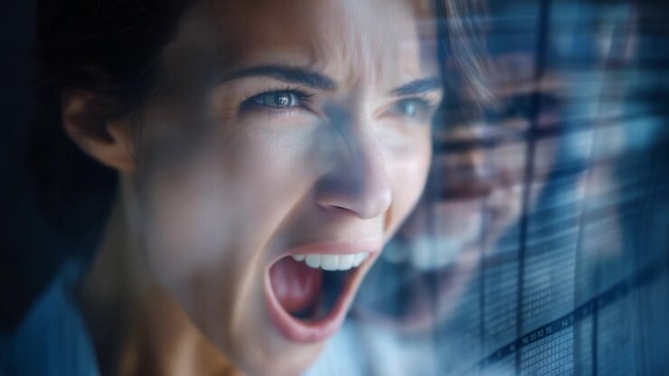 A woman expressing intense emotion, showcasing a powerful reaction in a high-stakes environment through her passionate scream and expressive facial expression.