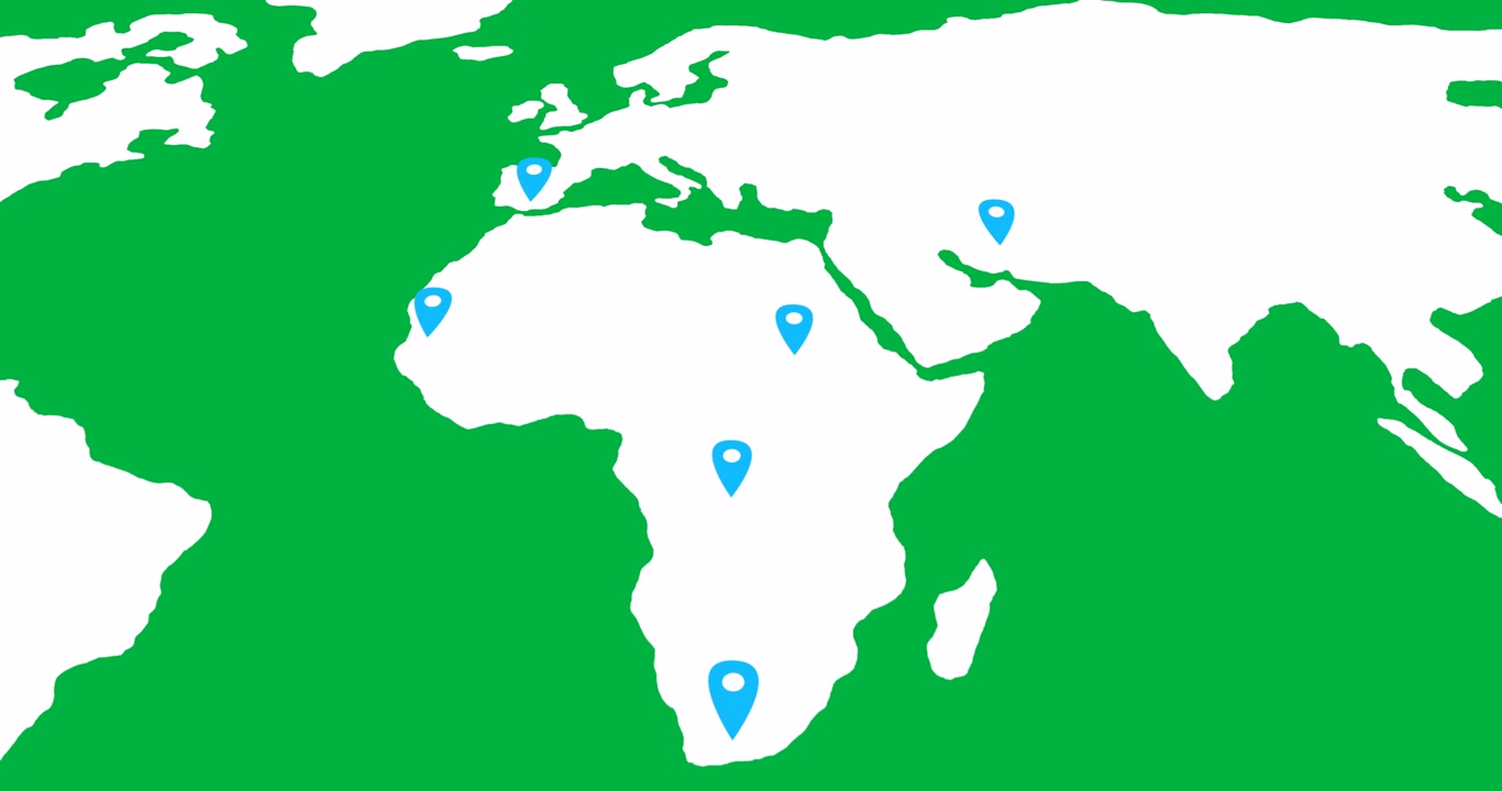 Animation of world map with location marks on transparent background