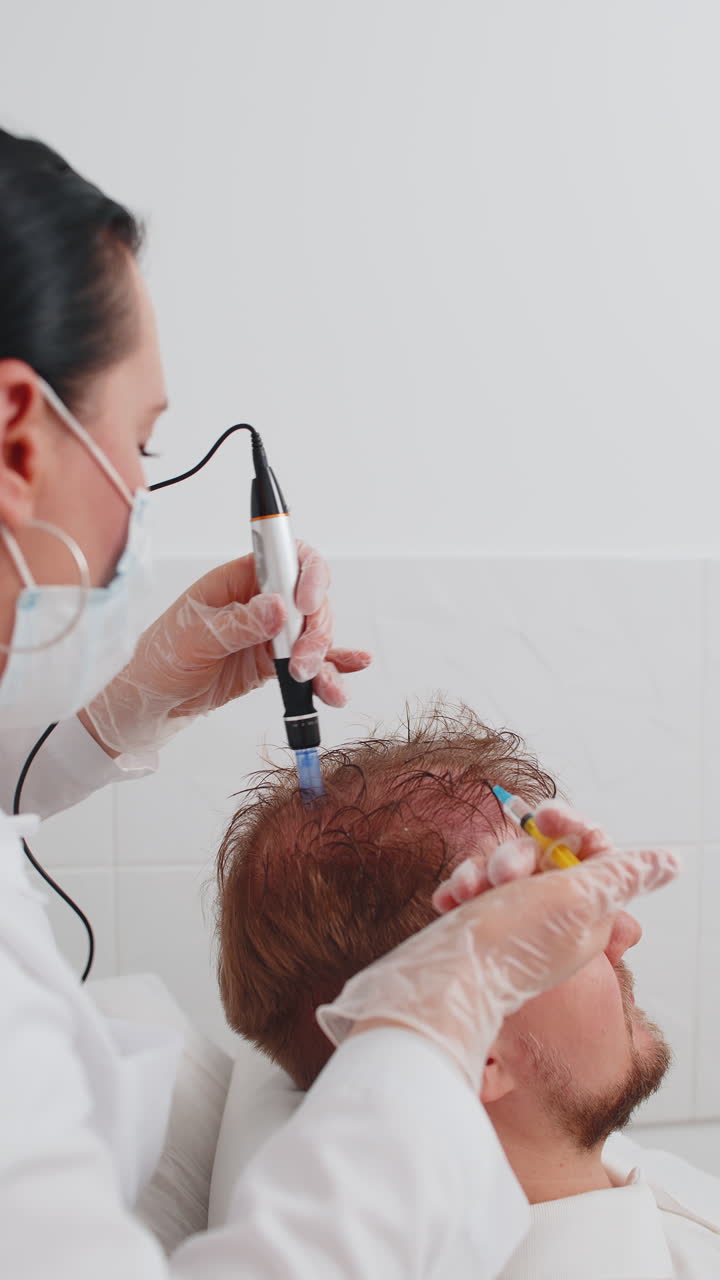 tricólogo haciendo hombre mejorar el crecimiento del cabello procedimiento dermapen microneedling inyecciones de vitaminas