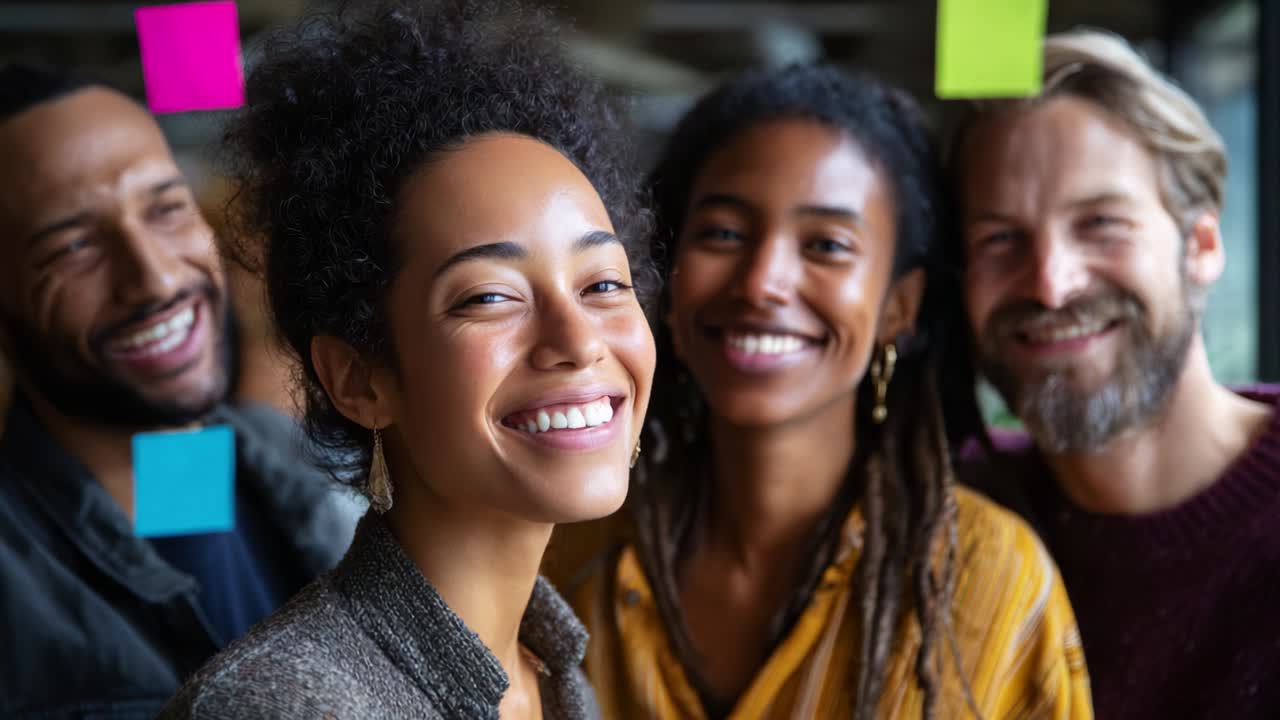 A group of four smiling friends, expressing joy and positivity, captured in a vibrant indoor setting adorned with colorful sticky notes, showcasing the essence of friendship and togetherness