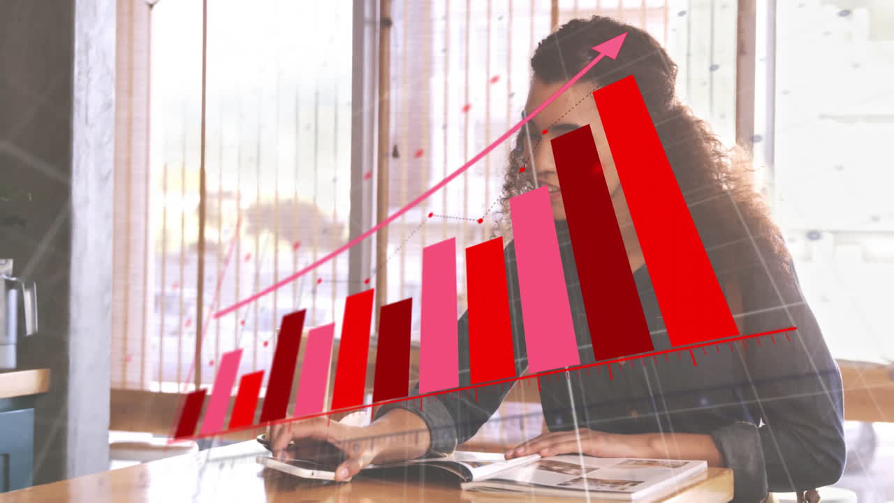 Animation of red diagram over biracial woman using smartphone