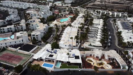 top down aerial view of holiday resorts and hotels in lanzarote. famous tourism and vacation destination