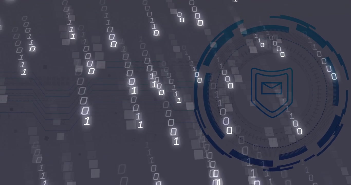 Opening interface initiating binary rain cascading toward pulsing HUD showing shielded envelope