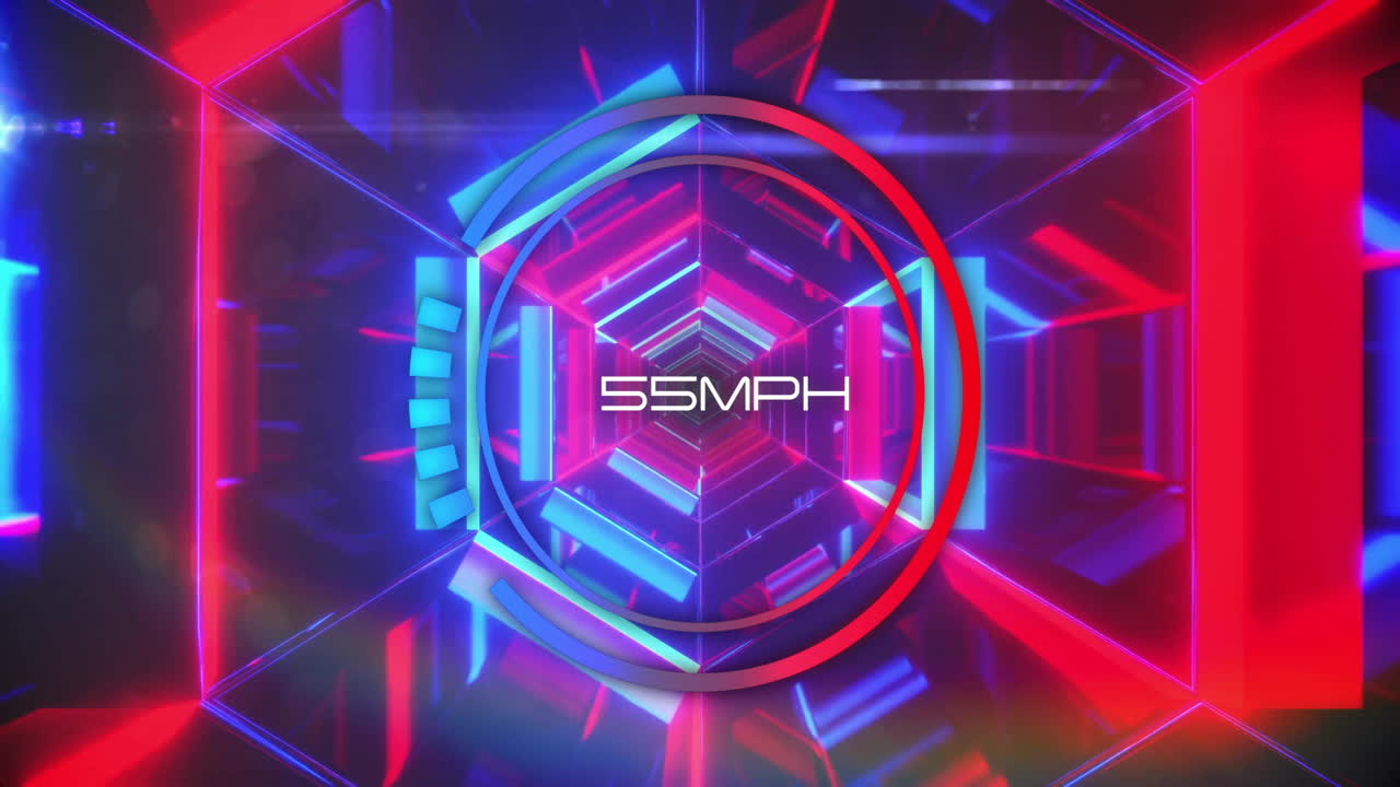 Speedometer der viser 120 MPH animation over neon geometriske former