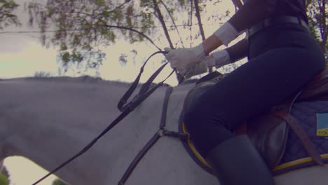 female-horse-rider,-white-horse-walking,-horse-riding-ranch,-slow-motion,-slomo-horses