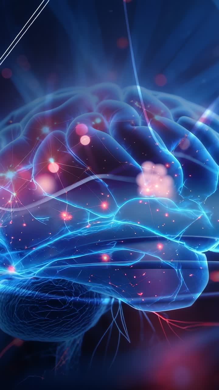 Vertical video: Displaying 3D brain animating firing nodes with scanning beam in deep blue space