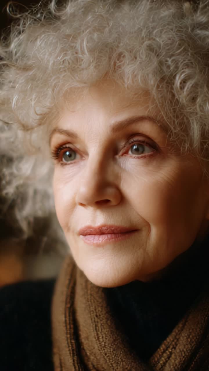 A Reflective Portrait of an Elderly Woman with Beautiful Curly Hair and Thoughtful Expression, Capturing a Moment of Serenity and Wisdom in Cozy Warm Lighting
