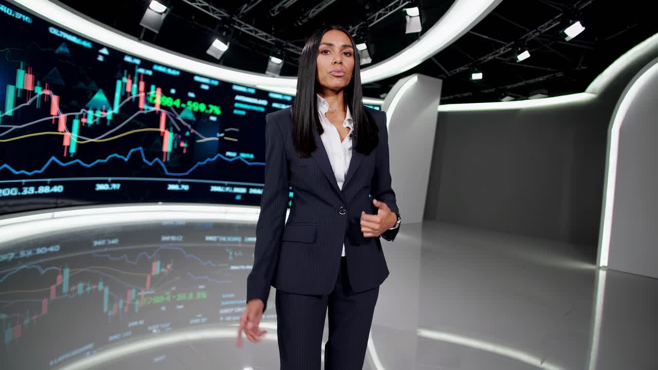 Una professionista in giacca e cravatta è in piedi in uno studio moderno con grafici digitali di stock.