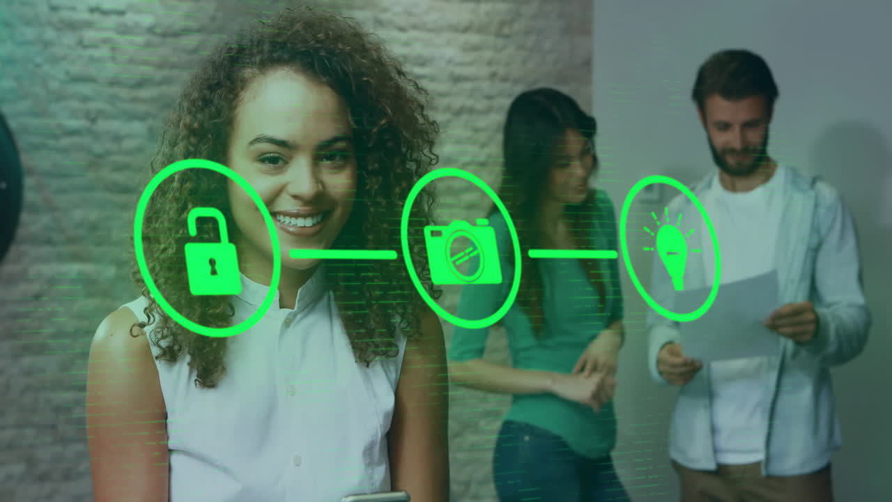 animación de una red de conexiones con iconos sobre una mujer biracial usando un teléfono inteligente