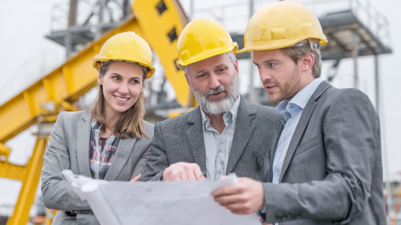 A group of three construction professionals, wearing hard hats, strategizing and discussing plans on construction blueprints at an active worksite, showcasing teamwork and collaboration