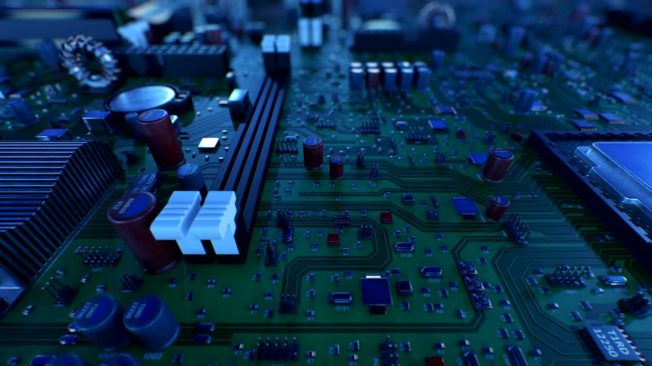 hermoso vuelo sobre la placa de circuitos y procesadores. animación en bucle 3d de la placa base y la cpu con dof. tecnología y concepto digital.