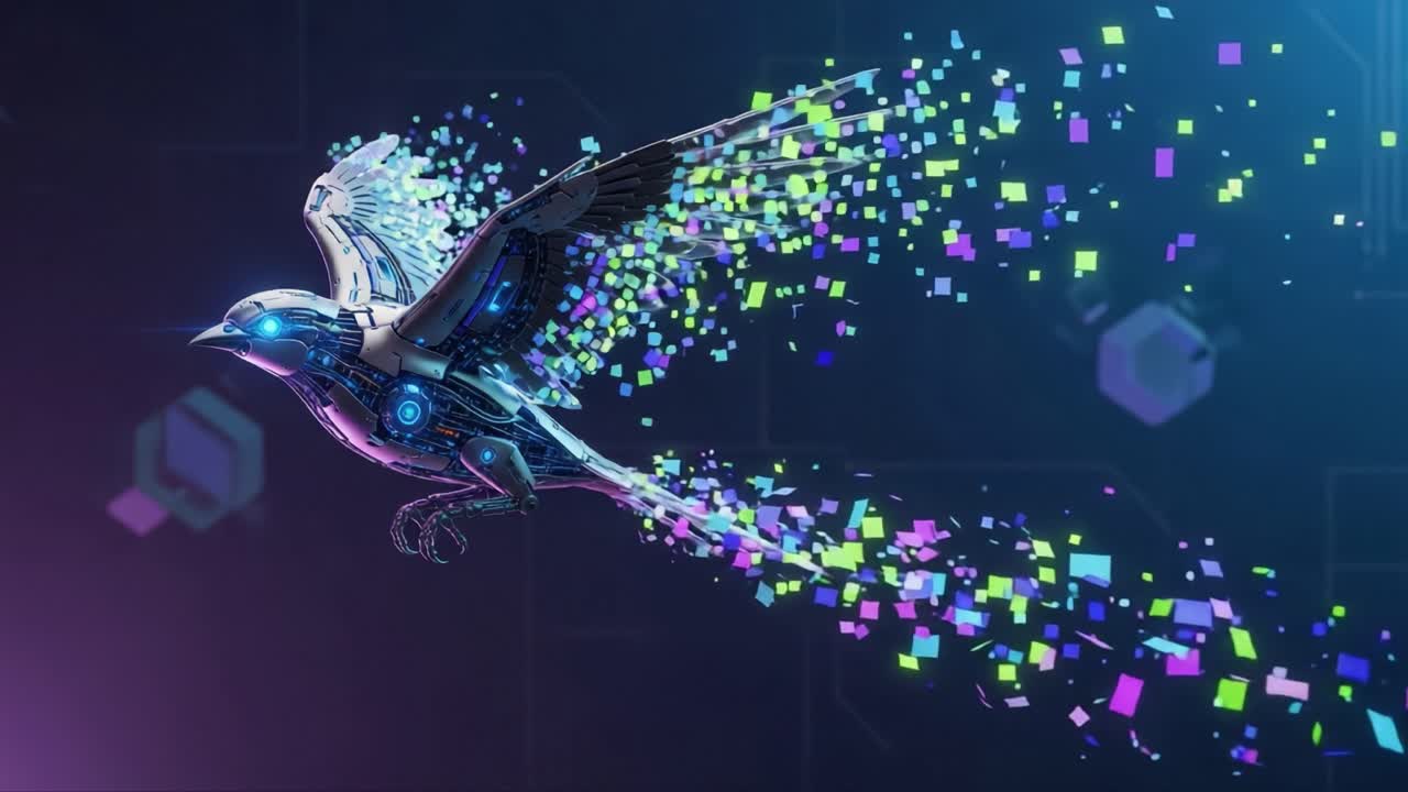 A Futuristic Robotic Bird in Flight, Leaving a Trail of Colorful Digital Particles Against a High-Tech Background, Symbolizing Innovation and Freedom