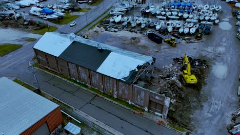 gloomy blue look at a storage building during demo